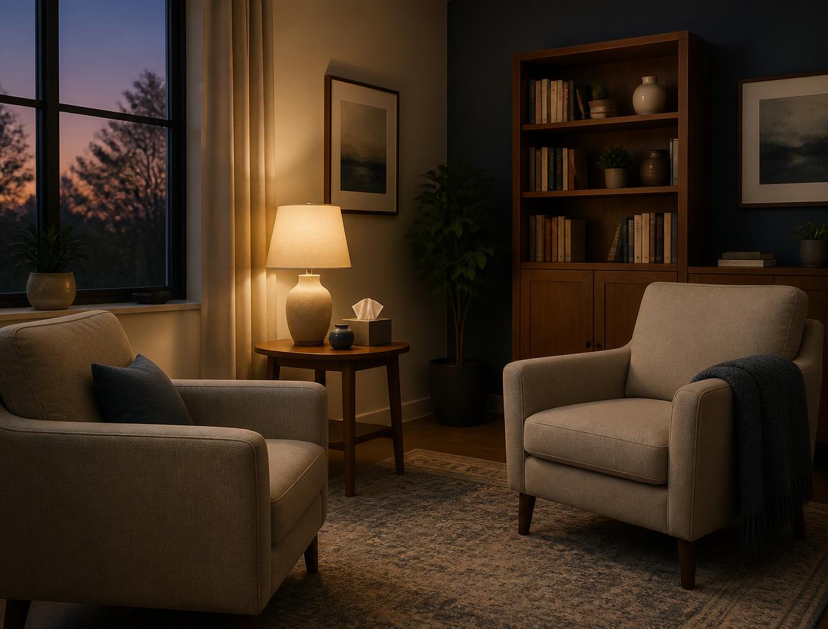Consultório com duas poltronas e iluminação suave